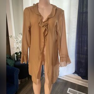 Baiia Resort Ruffled Button-Down Sheer Blouse Swim cover up dress tan large